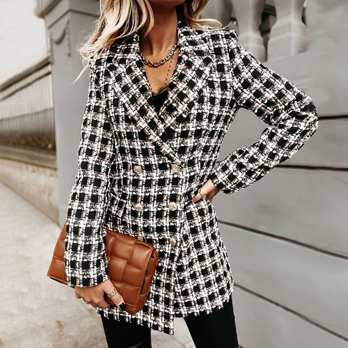 Women's Stylish Check Print Wool Blazer Coat Ladies Long Sleeve Collared Jacket - Picture 10 of 52