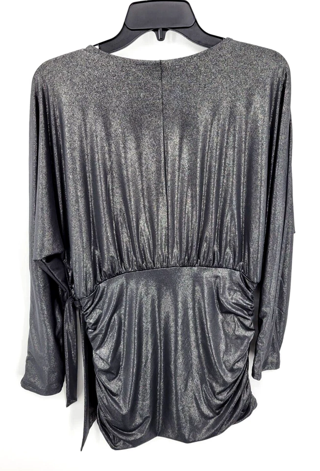 Express Top Womens Medium Gray Metallic Mock Wrap Ruched Stretch Party Holiday - Image 2 of 4