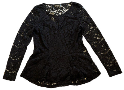 Allegra K Top Womens Small Black Lace Lined Long Sleeve Round Neck Party Holiday