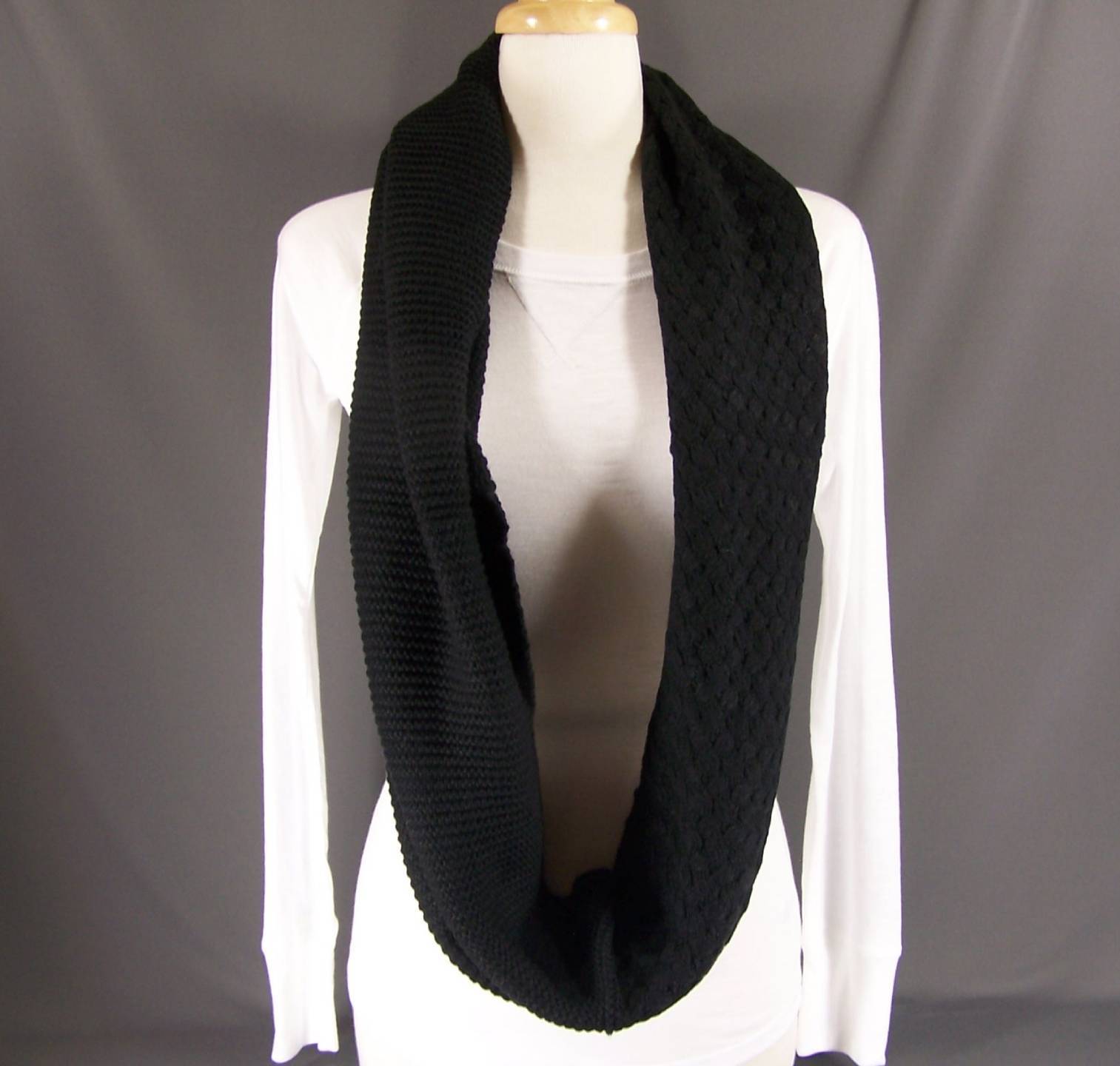 Black textured knit super soft circle infinity endless loop long scarf ...