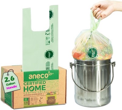 ANECO 100% Compostable Food Waste Bags 2.6 Gallon With Handles, Small Compost...