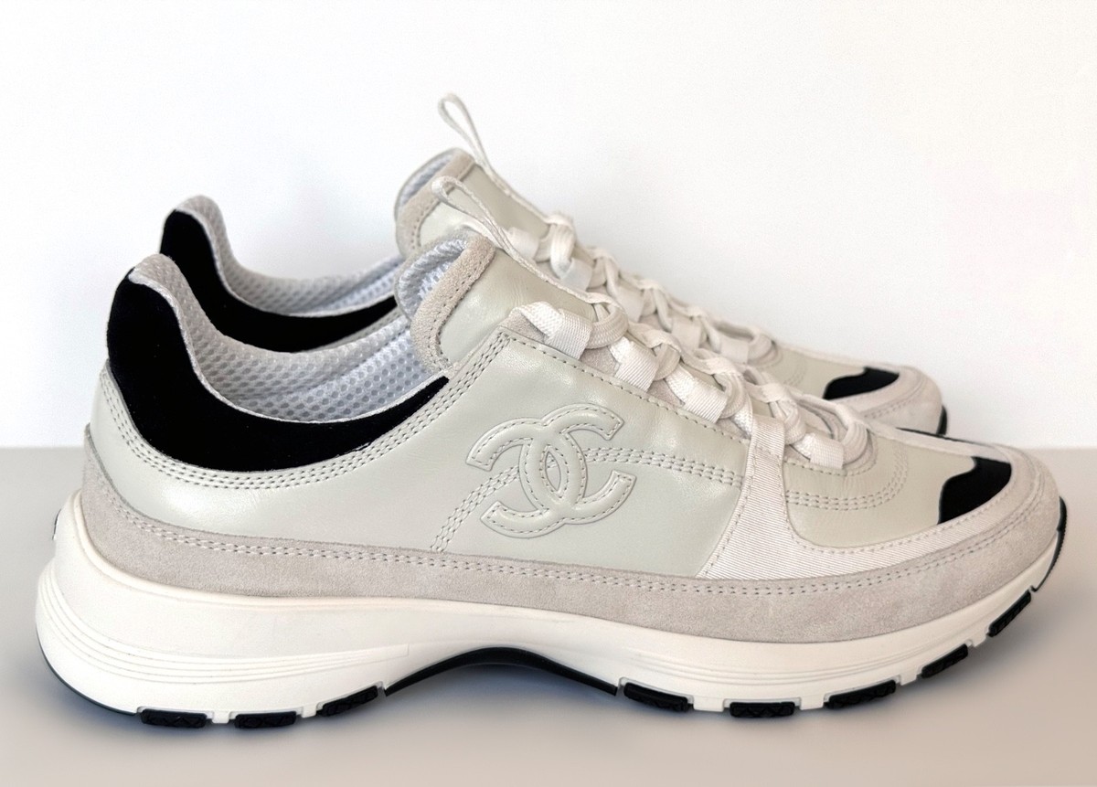 NEW 25A CHANEL WHITE BLACK LEATHER SNEAKERS 41.5 | eBay