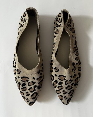 Pointed Toe Knit Ballet Flats By Frank Milky Women's Size 10 Leopard Slip-Ons