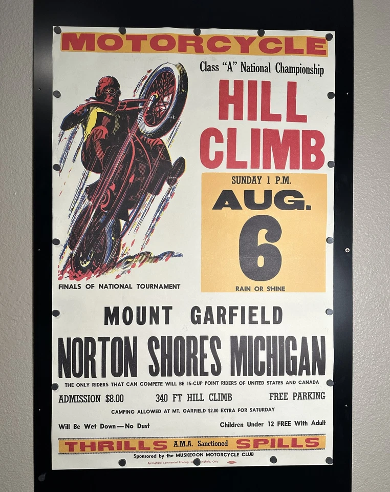 20 世纪 50 年代加菲尔德山摩托车爬山海报! 老式 21x32 密歇根赛车 — 第 2/4 张图片