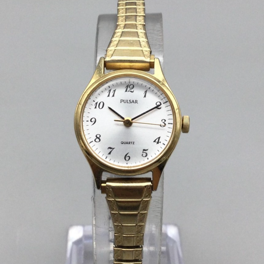 Vtg Pulsar Watch Womens 21mm Gold Tone Stretch Band V841-5890 New