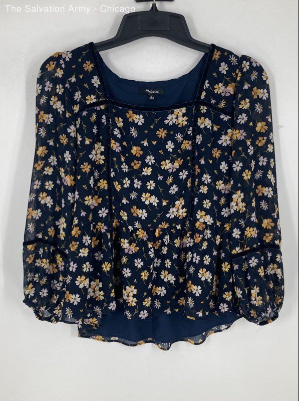 Madewell Womens Blue Floral 3/4 Sleeve Square Neck Blouse Top Size M