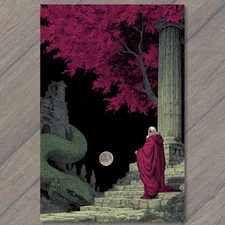 Art Print Wizard Robe Snake Ruins Moon Magenta Tree Ancient Steps Fantasy Night