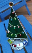 Stained Glass Christmas Tree on Stand Decorated Garland Gifts 11"