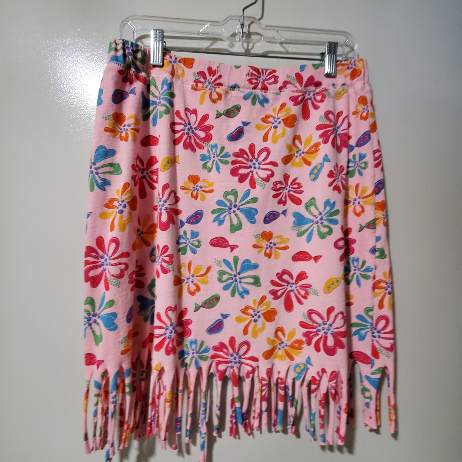Fresh Produce Size M Pink/Multi-Color Floral Pull-On A-Line Fringed Cotton Skirt