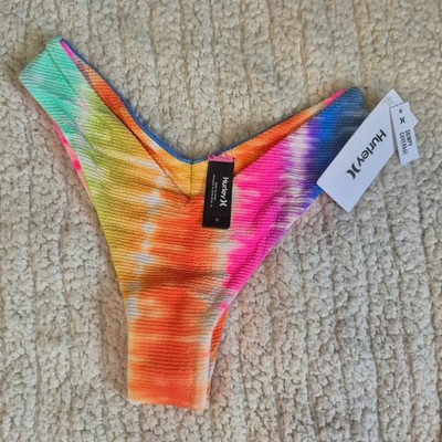 Hurley Rainbow Ombre Cheeky Bikini Bottom V-Front Tie Dye Textured Womens M NEW