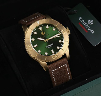 ENRIVA Bronze Diver Watch NH35 Auto Green Dial 200m Sapphire Leather New