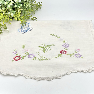 VTG Hand Embroidered Dresser Scarf Table Runner Butterfly Floral 14x37 Cottage