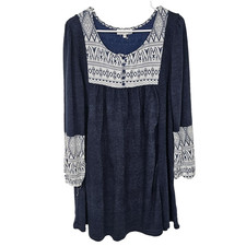 Entro Womens Dress Medium Blue White Geometric Print Midi Flowy Boho Western