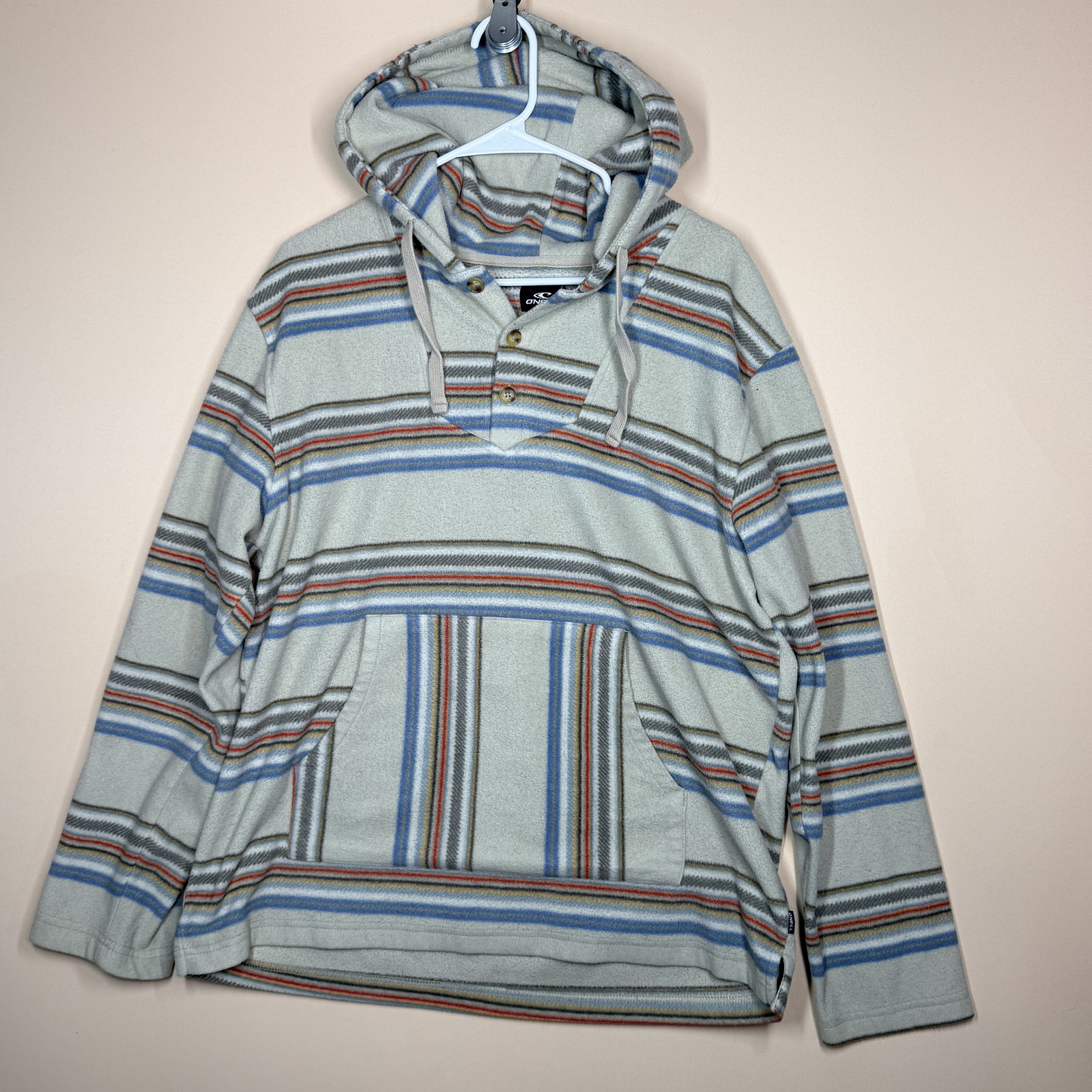 O'Neil Aztec Striped Fleece Hoodie Hoody White Blue Tan Men's Large L