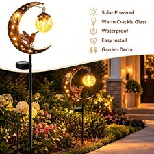Hummingbird Moon Solar Stake Light Waterproof Outdoor Decor Crackle Glass Globe