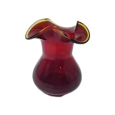 Fenton Amberina Ruffled Vase 4" Yellow Trim with Deep Red in Color