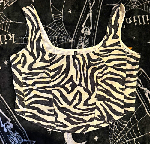 H&M DIVIDED XL Zebra Print Cropped Tank Top Black/White Square Neck Wide Strap