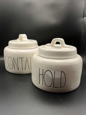 Rae Dunn Artisan Collection Canisters 'HOLD'  'CONTAIN' w/lids Farmhouse D cor