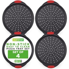 Nutrichef Non-Stick Pizza Tray with Silicone Handles, 4 Pack, Black, Red 