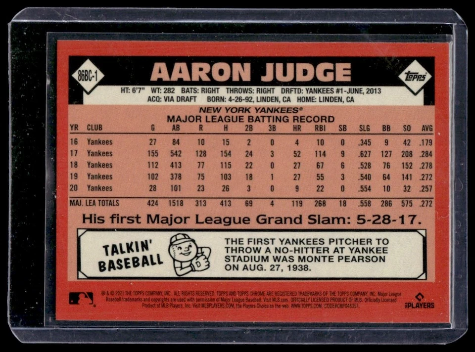 2021 Topps Chrome Aaron Judge #86BC-1 New York Yankees - Image 2 of 2