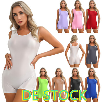 DE~Damen Glossy Body Top Ärmellose Sportbody Einteiler Bodysuit Overall Jumpsuit