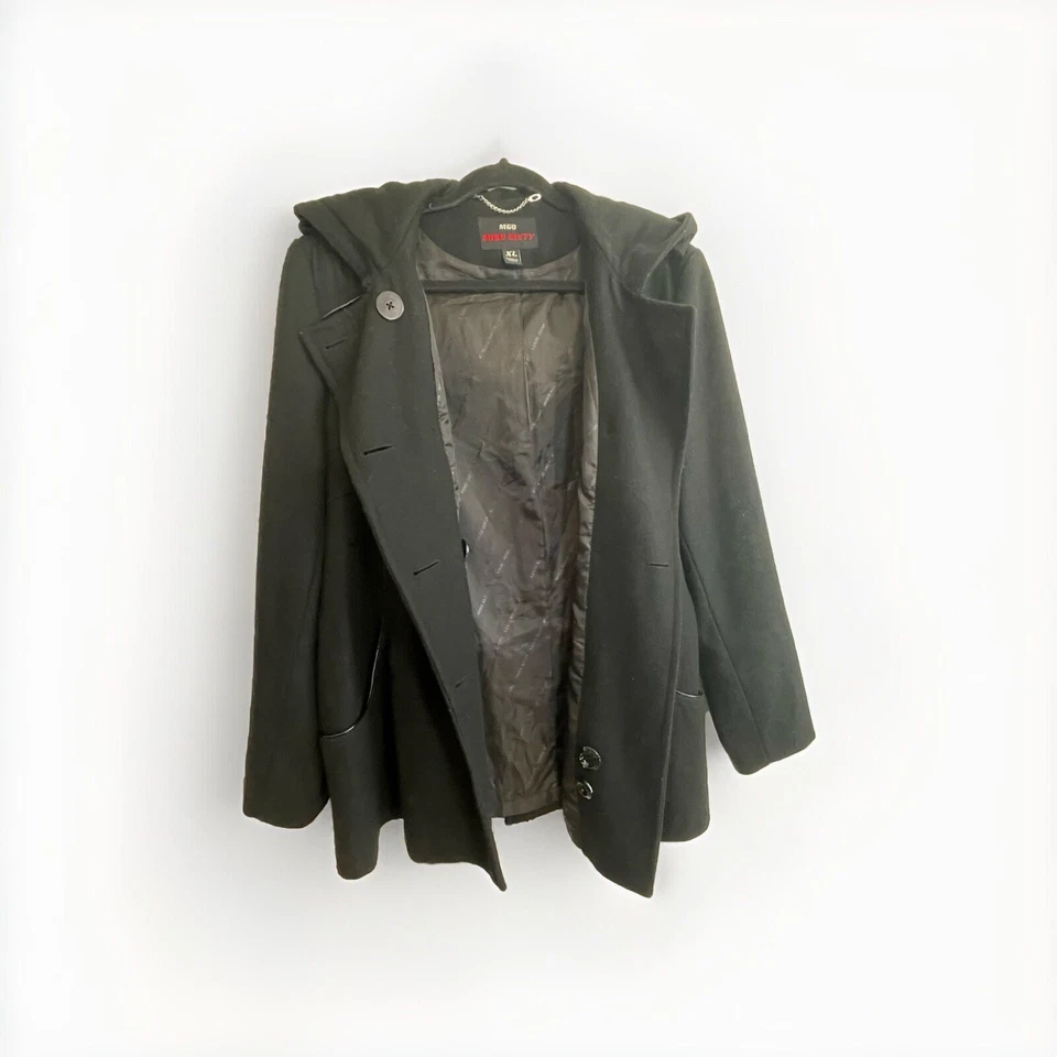 Abrigo de mezcla de lana negro con detalles de imitación de cuero Miss Sixty espalda con cinturón XL Foto 4 de 4