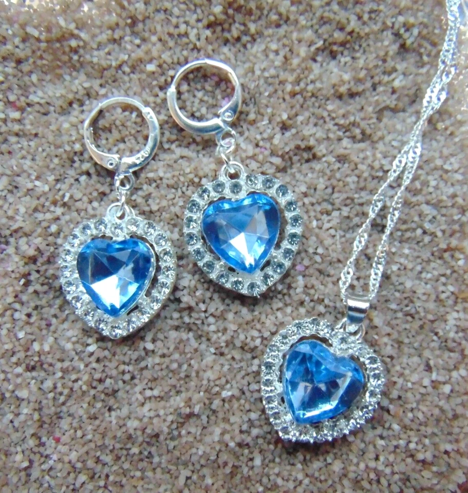 925 Silber Schmuck Set Herz Titanic Hellblau Zirkon  Kette Anhänger Creolen - Bild 3 von 4