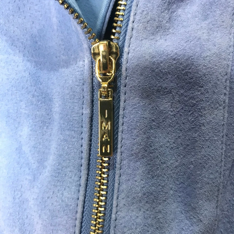 Chaqueta Iman Mujer Talla M 100% Azul Gamuza Cuero Motocicleta Cordón Cremallera Foto 3 de 4