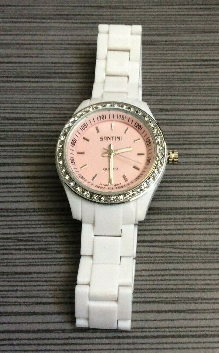 Santini Women's Watch Small Crystal Pink Dial on a White Linked Band New!