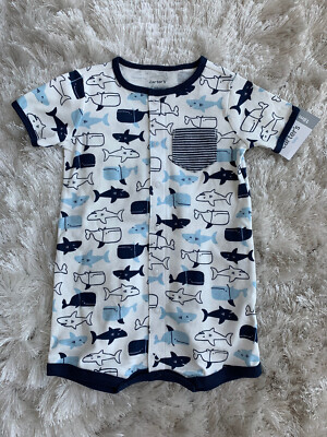 Carters Romper Einteiler Spieler Sommer Weiß Blau NEU 86 Baumwolle Haie Meer
