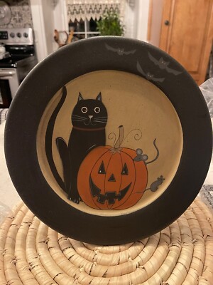 Country Farmhouse Wooden Black Cat Pumpkin, Mice and Bat Plate