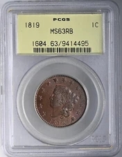 1819  1C CORONET HEAD LARGE CENT SD  "MINT STATE"  PCGS MS63 RB #9414495  OGH !