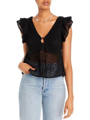 AQUA Womens Crochet Key Hole Blouse SIZE XS