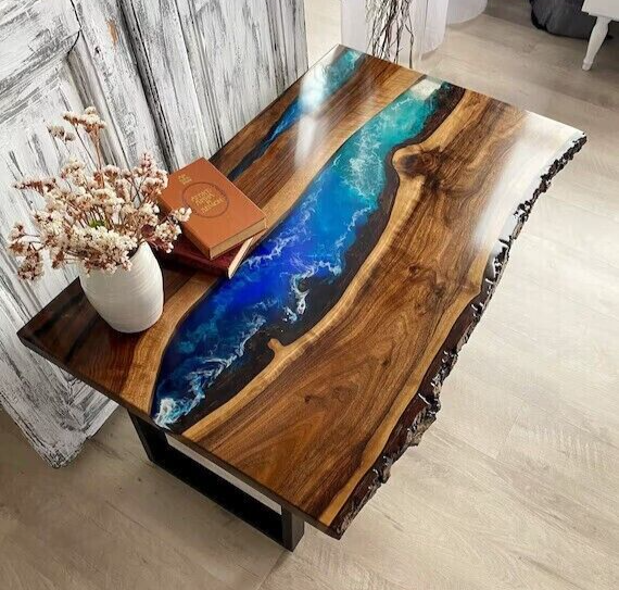 60x32 Handcrafted Live Edge Ocean Epoxy Resin Dining Table Top