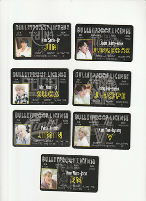 set of 7 BTS boy band South Korea rock group fun ID Cards
