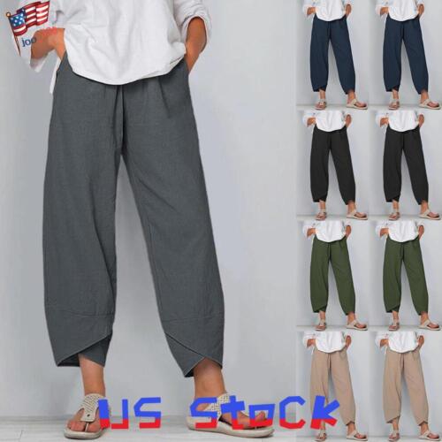 Womens Summer Solid Wide Leg Pants Ladies Elastic Wiast Baggy Trousers Plus Size