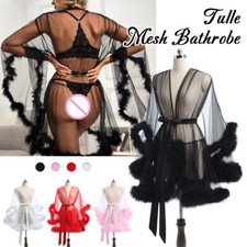 Women Sheer Tulle Mesh Bathrobe Gown Faux Fur Trim See Throgh w/Belt Nightwear
