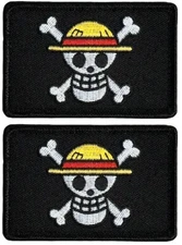 Straw Hat Pirate Flag Embroidered Morale Patch  - 2PC  Hook Backing  3"X2"