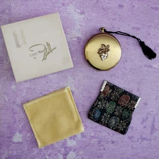 Zell Fifth Ave Gold Powder Compact VTG Floral Clear Crystals Tassel Original Box