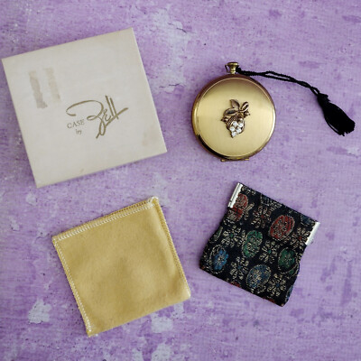 Zell Fifth Ave Gold Powder Compact VTG Floral Clear Crystals Tassel Original Box