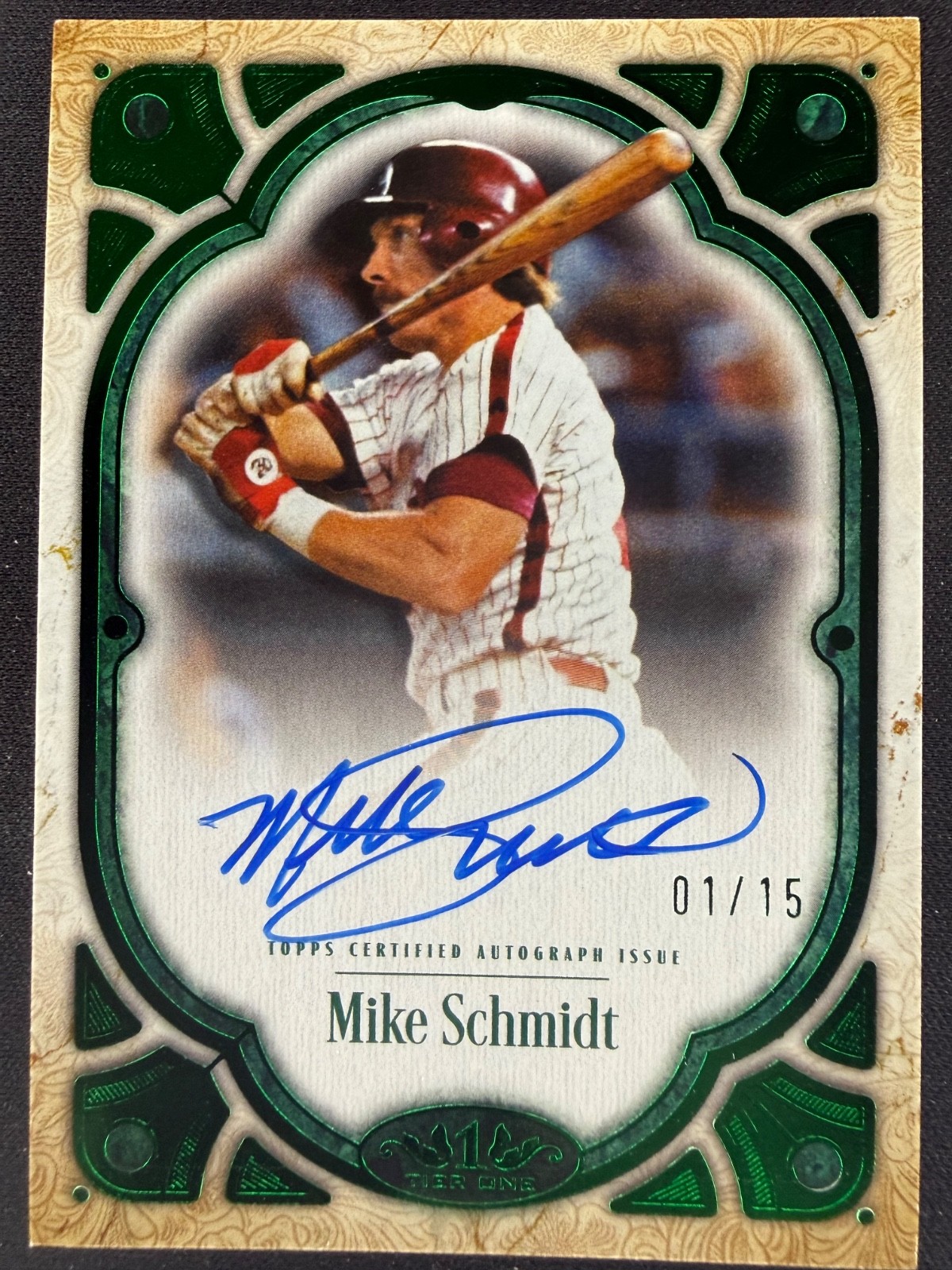 2026 TOPPS TIER ONE MIKE SCHMIDT AUTOGRAPH GREEN FOIL CARD 01/15