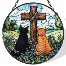 Cat Stained Glass Suncatcher for Women Rustic Window Decor Gifts 7.8x7.8 in