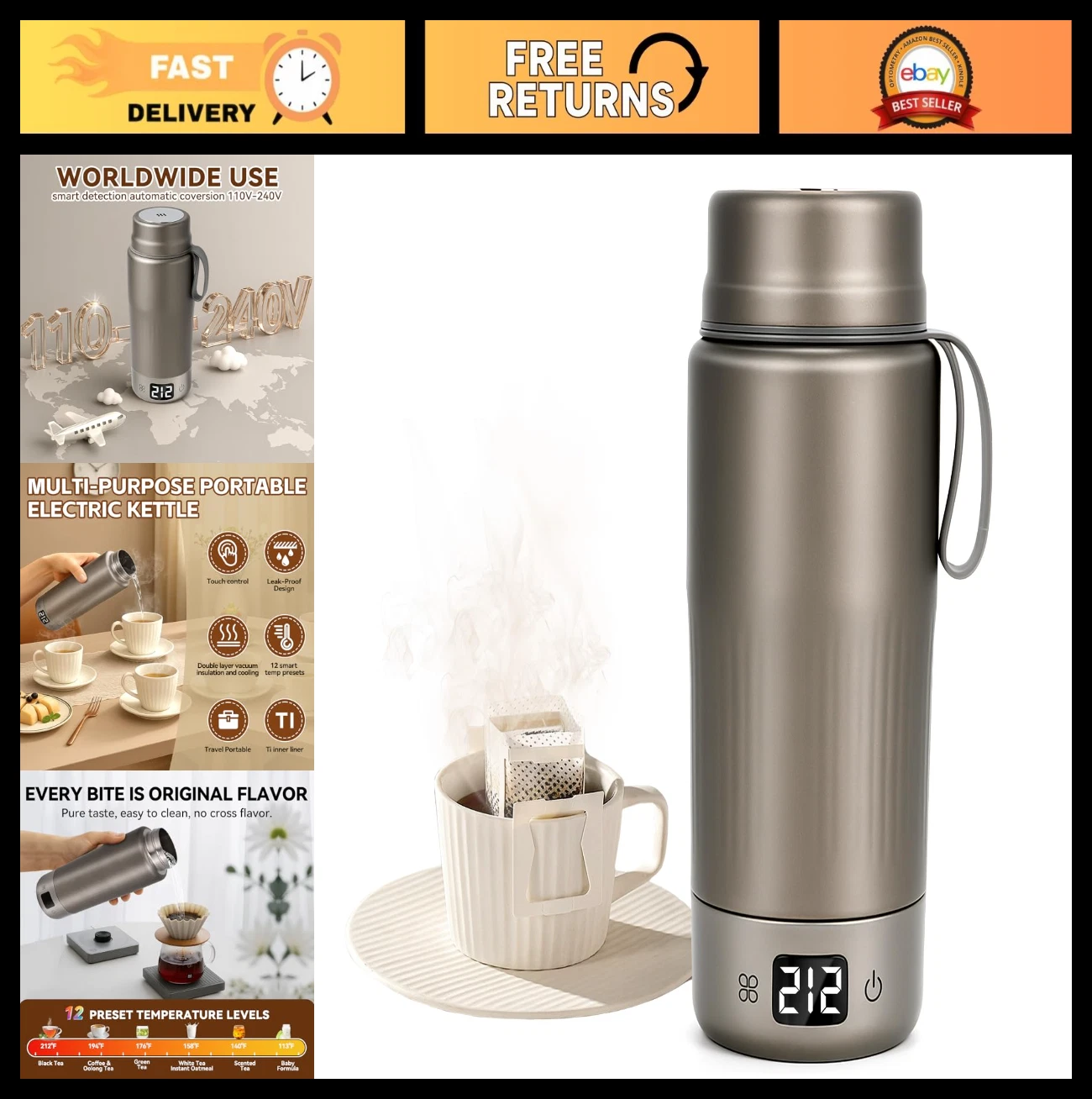 Portable Electric Travel Kettle - Dual Voltage 110V-240V, 12 Temp Settings, Auto