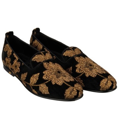 DOLCE & GABBANA Pailletten Bronze Blume Samt Loafer Schuhe VATICANO Schwarz 