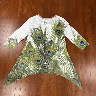 Indigo Soul Peacock Feather Tunic Handkerchief Hem Medium NEW BOHO 3/4 Sleeve