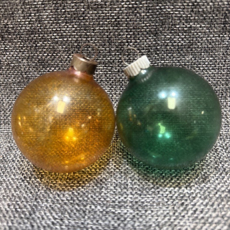 VTG 1940's Green  Amber Unsilvered Round Glass Ball Ornament 2” Set Of 2