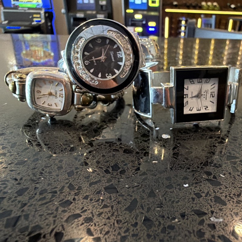 Chico’s & Geneva Women’s Quartz Watch Lot (3) Black Rhinestone & Silver Square