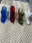 3 Vintage Fenton Glass Hobnail Cat Shoes, Blue, Olive Green & Amber. Mint