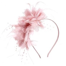 Fascinators Hat for Women Tea Party Hat Feather Floral Lace Headband Dusty Pink
