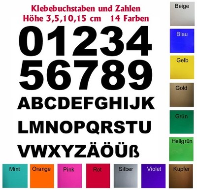 Aufkleber Buchstaben Zahlen - 14 versch. Farben - 3,5,10,oder 15 cm Höhe, Arial